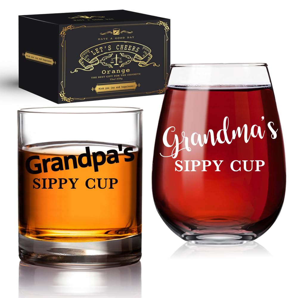 QIMIUTB Grandparents Gifts,Grandparent's Sippy Cup Wine & Whiskey Glass Gift Set, Funny Gag Father's Day Mother's Day Birthday Christmas Thanksgiving Valentines Gift for Papa Dad Mom7