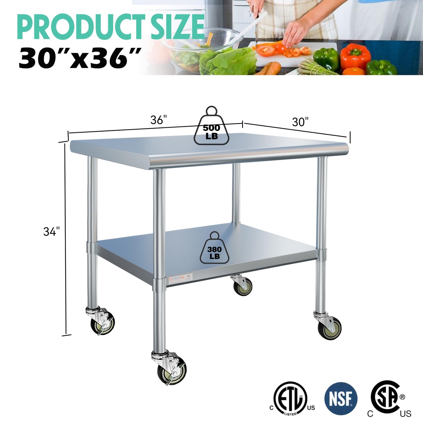 STABLEINK NSF Stainless Steel Prep Table with Wheels 30 x 36 Inches 3ft, Metal Workbench with Adjustable Lower Shelf, for Commercial Kitchen, Restaurant, Hotel, Laundry and Garage