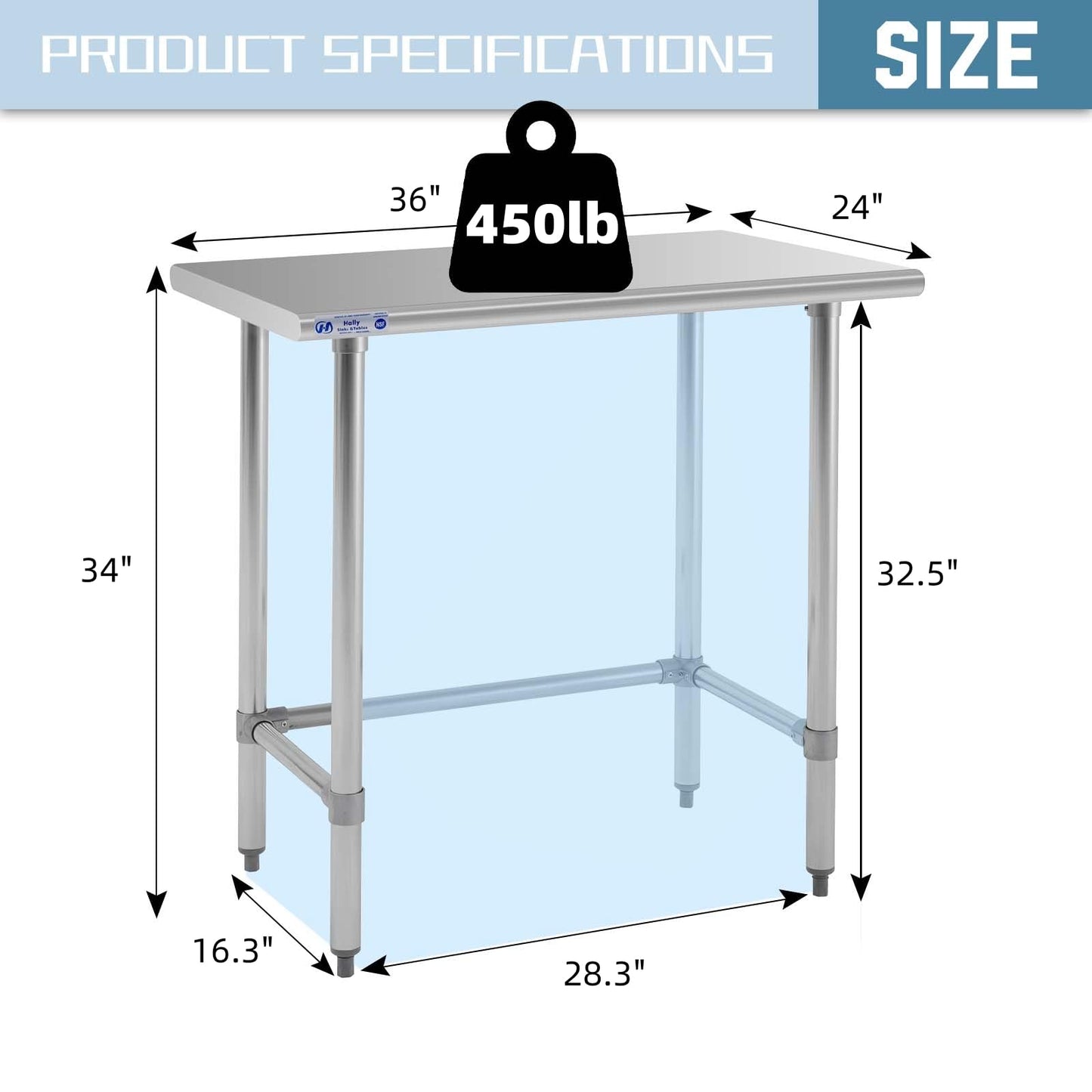 Hally Open Base Stainless Steel Table 24 x 36 Inches, NSF Commercial Heavy Duty Prep & Work Table with Galvanized Legs for Restaurant, Home and Hotel