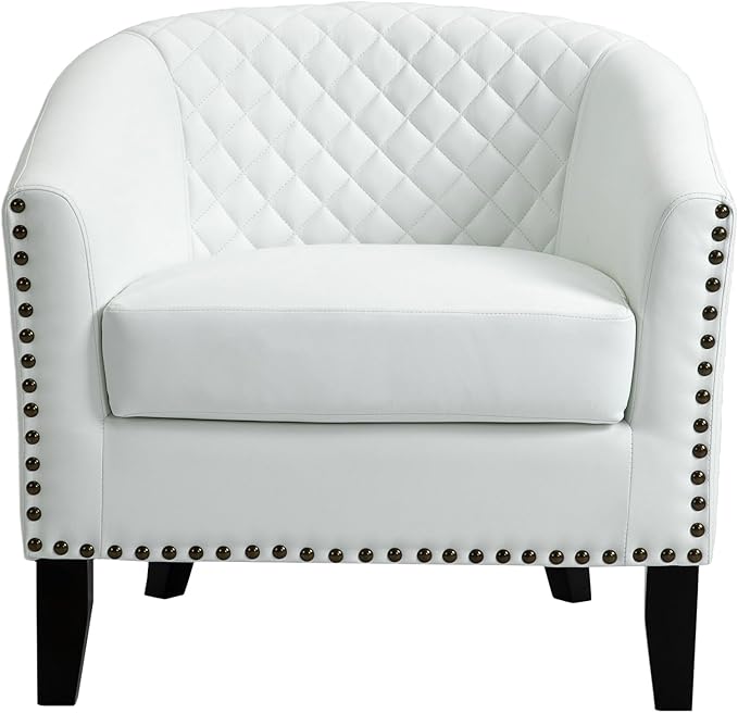 UIXE Faux Leather Barrel Accent Chairs Set of 4, Modern Club Upholstered Arm Chair, Comfy Armchair Nailed Trim Living Room Single Sofa Reading Seat Bedroom Side Sitting for Office, White