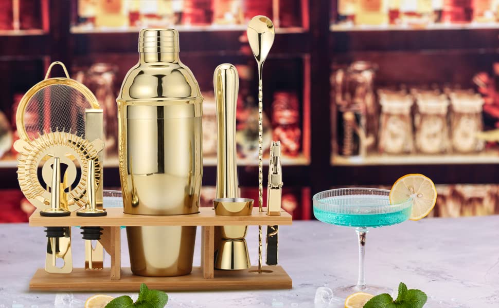 JNWINOG Shakers Bartending, 11Pcs-Cocktail Shaker Set Gold Drink Mixer with 25oz Martini Shaker,Muddler,Bar Spoon and More...