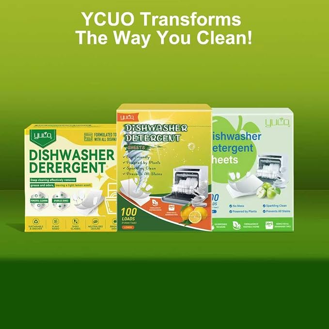 YCUO Dishwasher Detergent Sheets 100 Loads,Eco Friendly Dishwasher Detergent Plastic-Free Washer Sheets Alternative (Lemon)