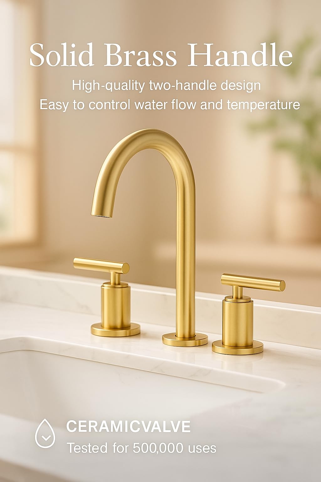 Brushed Gold Bathroom Faucet, Indare Two Handles 360° Swivel Spout Widespread 4Inch 8Inch Brass Bathroom Sink Faucet 3 Hole with Pop-Up Drain and Water Supply Lines, Upgraded Style