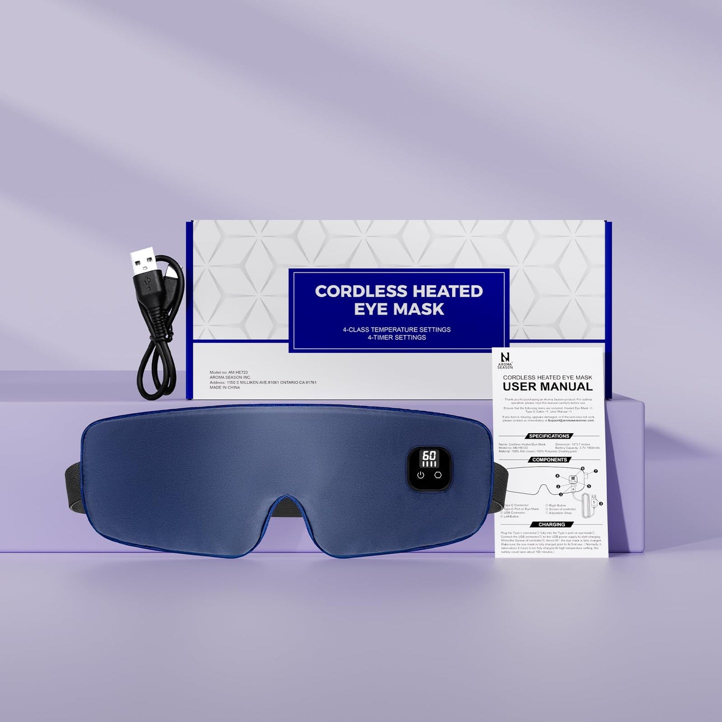 Aroma Season Silk Heated Eye Mask Cordless, 1500mAh Warm Eye Compress for Dry Eyes, Blepharitis, 4 Time Levels and 4 Temperature Settings, Washable (Navy Blue)