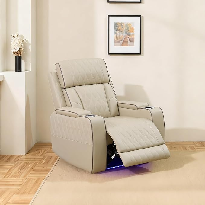 Caberryne Power Recliner Chair with LED Lights,Leather Reclining Couch with Storage Console/Arm Cup Holder for House/Home Theater/Small Space/Rv(Single Chair,Paddy)