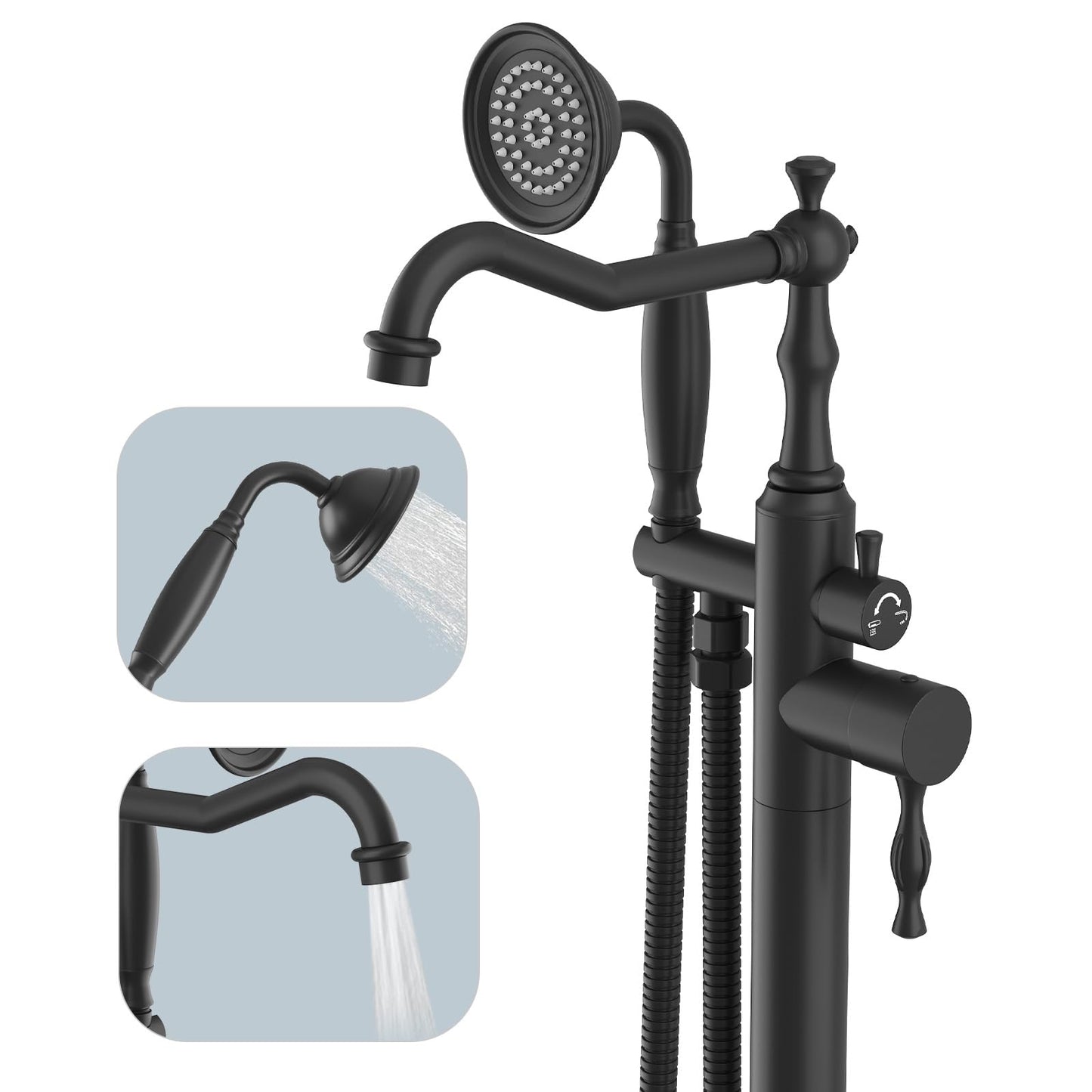 Hoimpro Free Standing Tub Faucet Freestanding Tub Filler Bathtub Faucet Stand Alone Floor Mounted Bathtub Faucet Set Handheld Sprayer Brass Matte Black