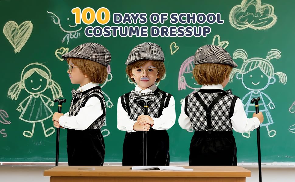LUMIDEXA Kids 100 Days of School Costume for Boys, 8pc Old Man Costume Set, Grandpa Cosplay Parties with Many Parts