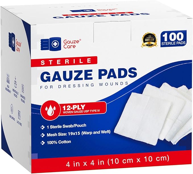 100pc Large Sterile Gauze Pads 4x4 Sterile for Wounds Bulk - 12ply Woven Gauze Sponges 4x4 Sterile - USP IV Breathable Mes...