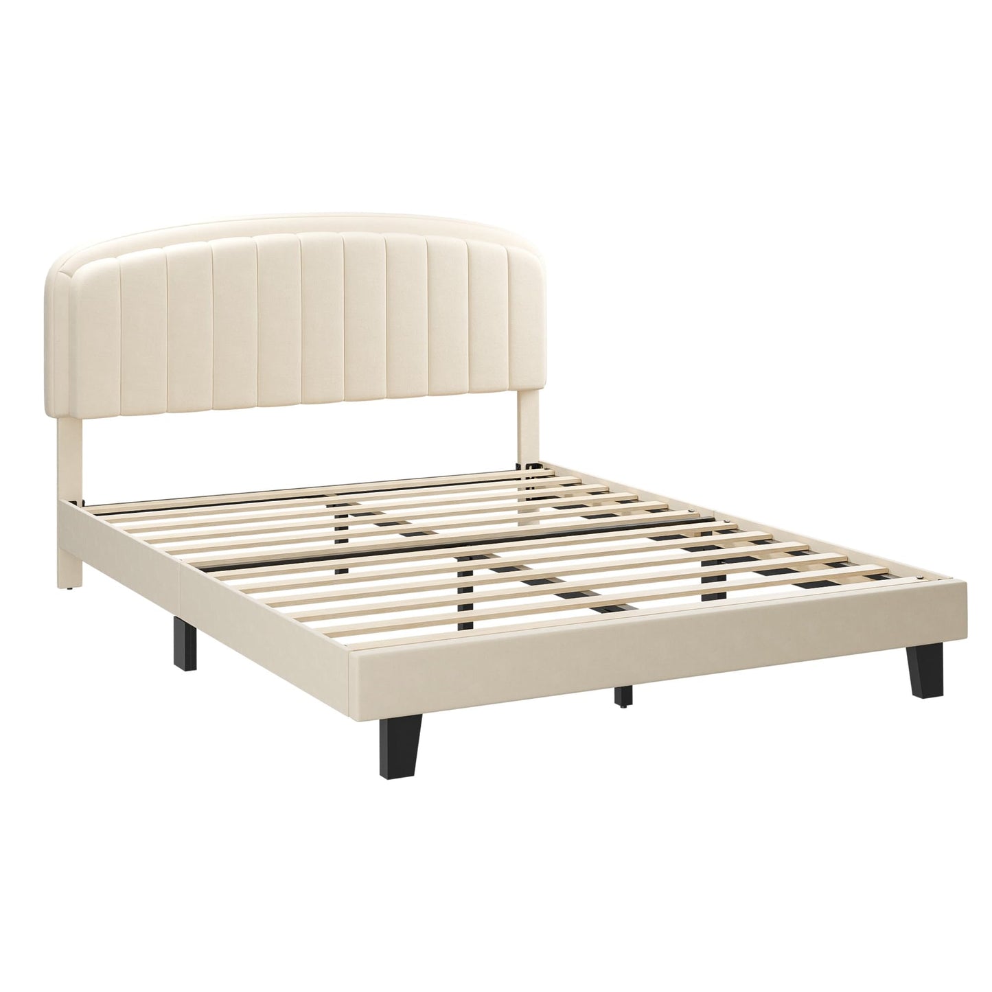 Cozy Castle Queen Bed Frame, Upholstered Platform Bed with Velvet Adjustable Curved Headboard, Mattress Foundation with Strong Wooden Slats, No Box Spring Needed, Easy Assembly, Cream
