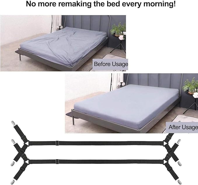 2Pcs Bed Fitted Sheet Straps Clips, Adjustable Crisscross Sheets Clip Holder Fasteners Suspenders for Mattress Cushion Cribs Elastic Sheet Strap Fitted Sheet Corner Holder (White)