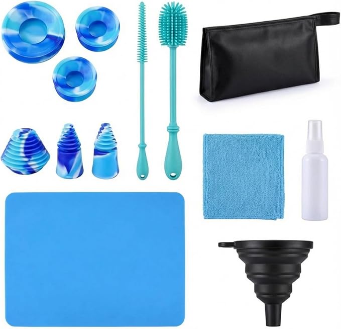 13 Piece Glass Cleaning Kit, Reusable Glass Cleaner Kit with Silicone Brushes, Cleaner Spray, Plugs & Caps, Mat, Folding Funnel, Microfiber Towel & Storage Bag, Effortless Cleaning & Easy Storage