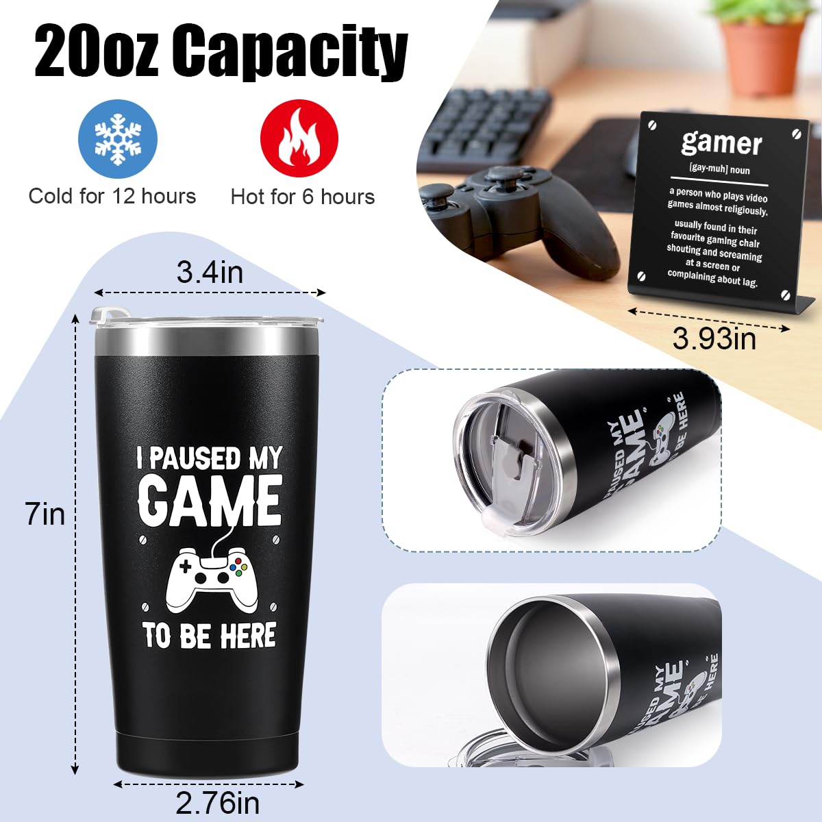 Gamer Gifts for Men Boyfriend Teenage Boy Birthday Christmas Gifts Box Year Old Kids Son Easter Basket Stuff Game Room Decor Valentines Gaming Gift for Him Man Video Game Lover Gamer Tumbler+Pillow