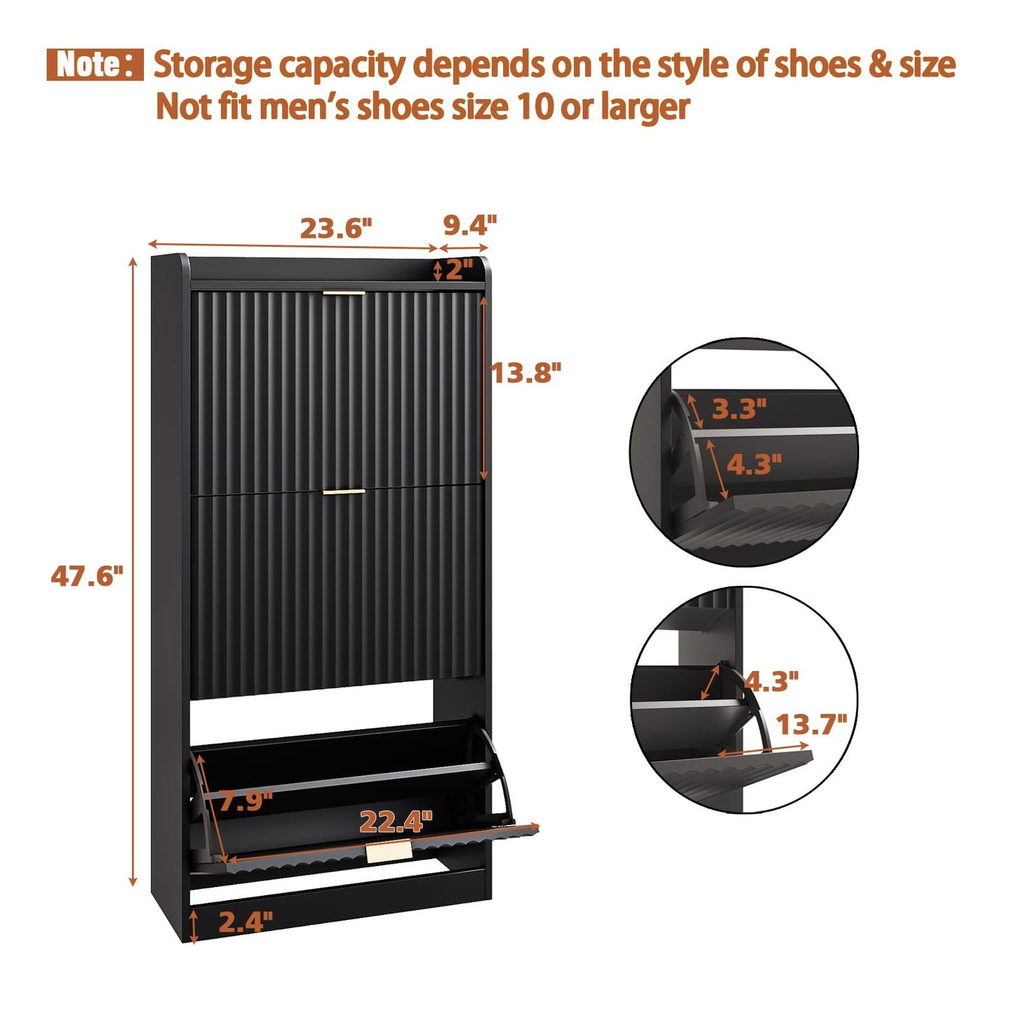 SINROM Fluted Shoe Cabinet with 3 Flip Drawers, Narrow Shoe Storage Cabinet for Entryway, Freestanding Shoes Rack Organizer Cabinets with Adjustable Shelves for Entryway, Hallway