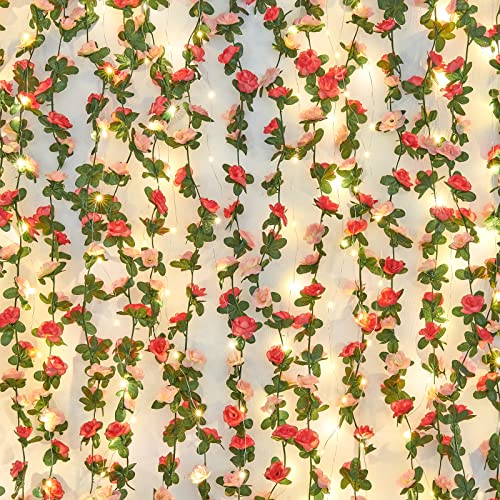 BLEUM CADE 5Pcs 41Ft Flower Garland Artificial Rose Vines with 32.8Ft String Lights, Cute Fake Hanging Flower Vines Floral...