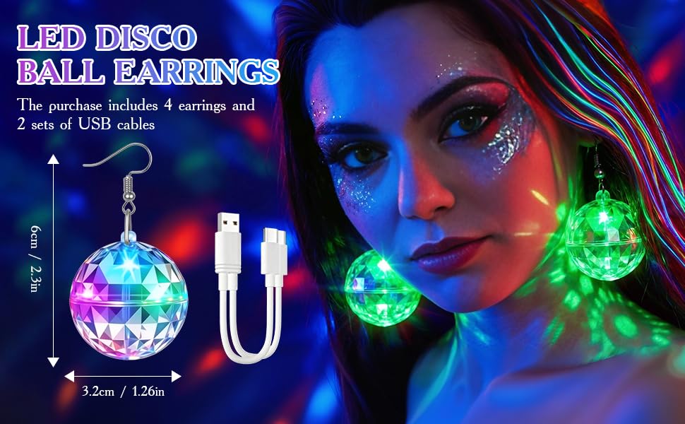 PartyFrenzy 2 Pair Rechargeable Disco Ball Earrings 16 Light Modes, Light up Earrings 32mm Flashing LED Earrings Ball for ...