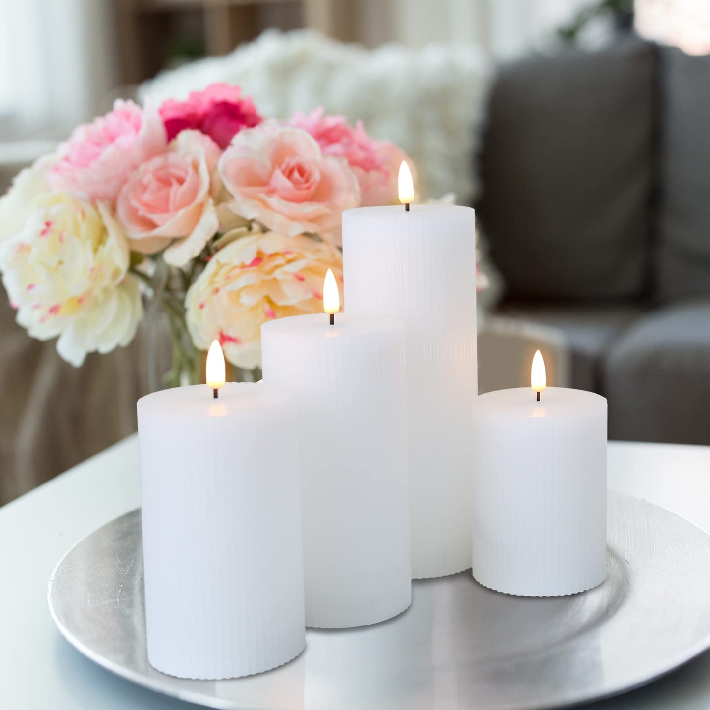 Girimax White Ribbed Flameless Pillar Candles with Remote, Flat Top Flickering LED Wax Battery Candles Set of 4, Φ 3" H 4" 5" 6" 8"