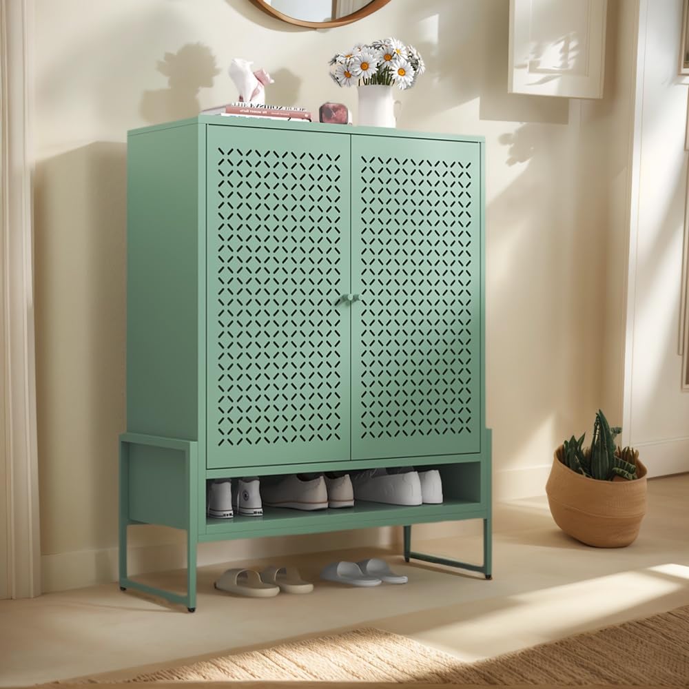 Metal Shoe Storage Cabinet for Entryway with Doors & 3 Shelves,Modern Shoe Cabinet Free Standing Shoe Organizer with Adjustable Legs for Hallway,Living Room,Foyer (Openwork Door Panel, Green)