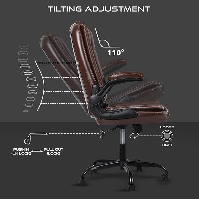 VITESSE Ergonomic Office Chair with Flip-up Armrests, Big and Tall Leather Executive Office Chair, High Back Lumbar Support Home Computer Desk Chair, Heavy and Duty Computer Chair (Brown)