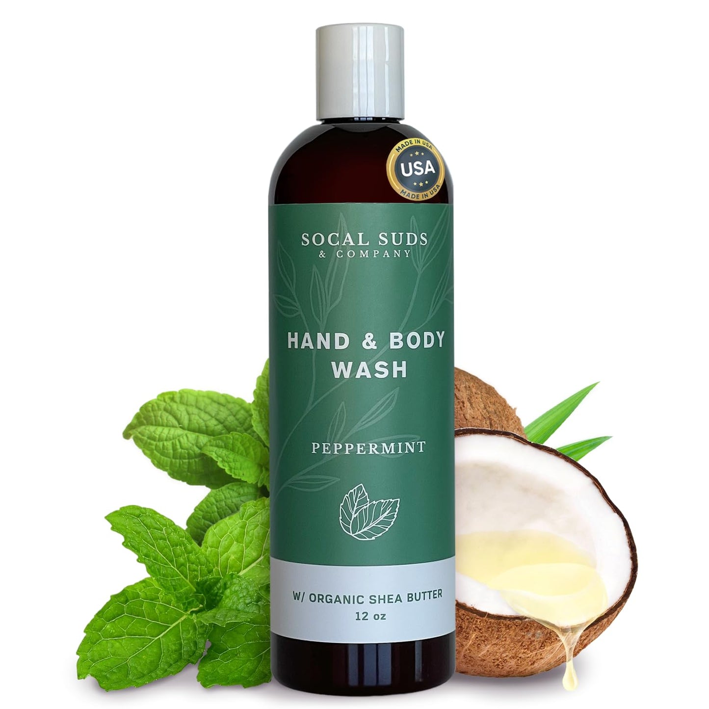SoCal Suds & Company Organic Shea Butter Body Wash - Peppermint Liquid Soap for Hand & Body, Moisturizing Shower Gel, Daily Body
