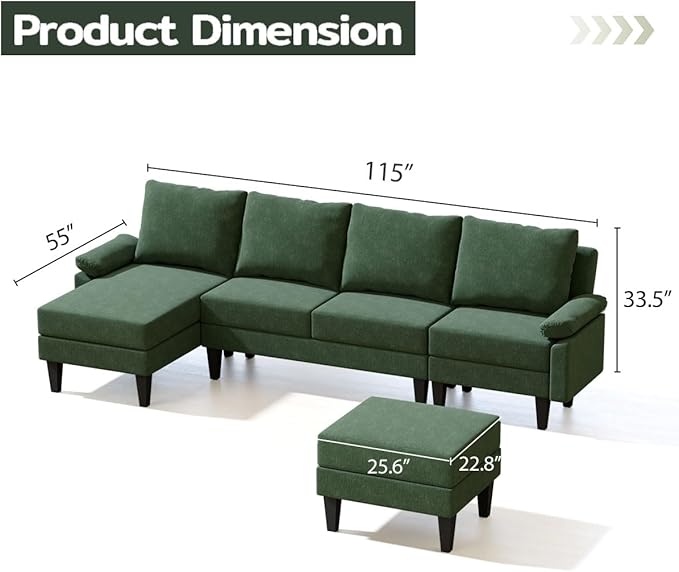 Topcomfy U-Shaped Sectional Couches for Living Room, Convertible 4 Seat Modular Sectional Sofa Set with Ottoman, Modern L Shaped Couch with Chaise for Bedroom Apartment and Office, Chenille Green