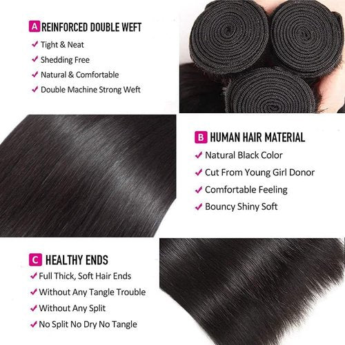Selina Hair Straight 3 Bundles Human Hair 16 18 20 Inch with 4x4 Lace Closure Human Hair 14 Inch, 100% Unprocessed Brazilian Virgin Hair Extension for Women Natural Black(16 18 20 + 14" Closure)