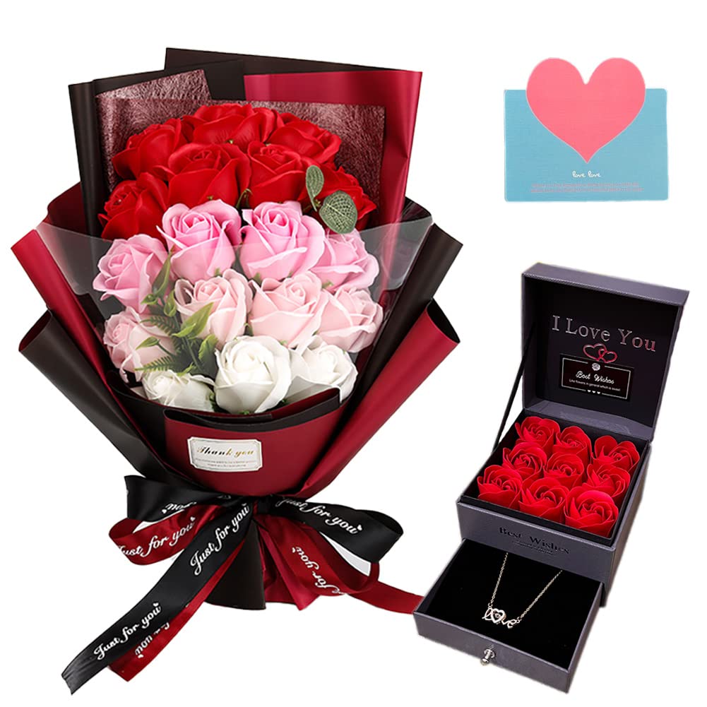EIGHTOWN Roses Bouquet Artificial Flower - Preserved Red Rose Flowers with Love Necklace for Her - Unique Gifts Valentine's Day, Mother's Day, Thanksgiving, Birthday, Anniversary