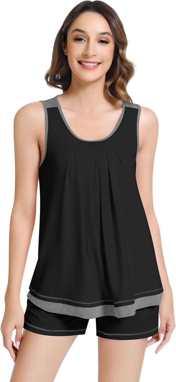 NACHILA Pajamas for Women-Viscose from Bamboo, Ribbed Racerback Tank Top Sexy Split Shorts Pajama Sets Cooling Sleep Cami Pjs