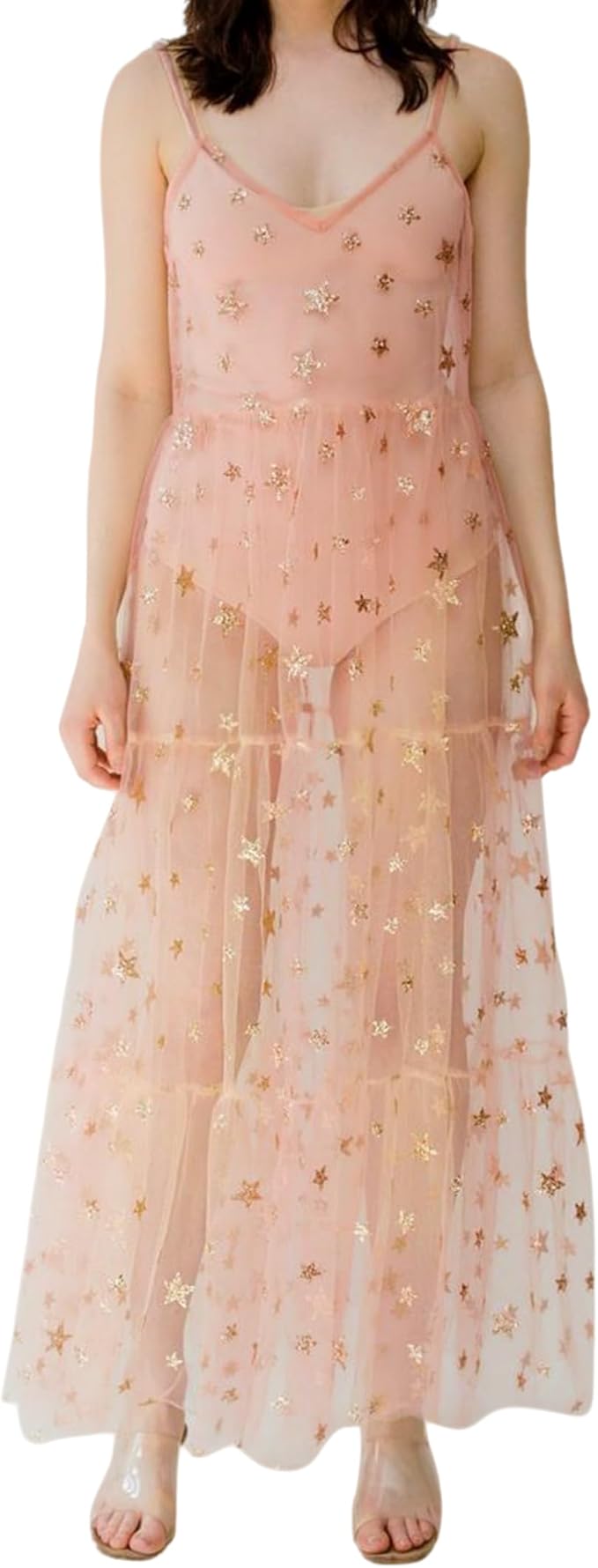 Women's See Through Tulle Maxi Dress Shiny Sequined Stars Spaghetti Strap Cover Up Dresses Festival Outfit
