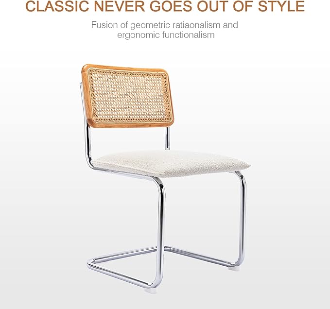 Zesthouse Rattan Dining Chairs Set of 6, Mid Century Modern Dining Room Chairs with Natural Cane Mesh & Chrome Base, White Cesca Chair Boucle Fabric, Farmhouse Kitchen Chair with Solid Wood Frame Back