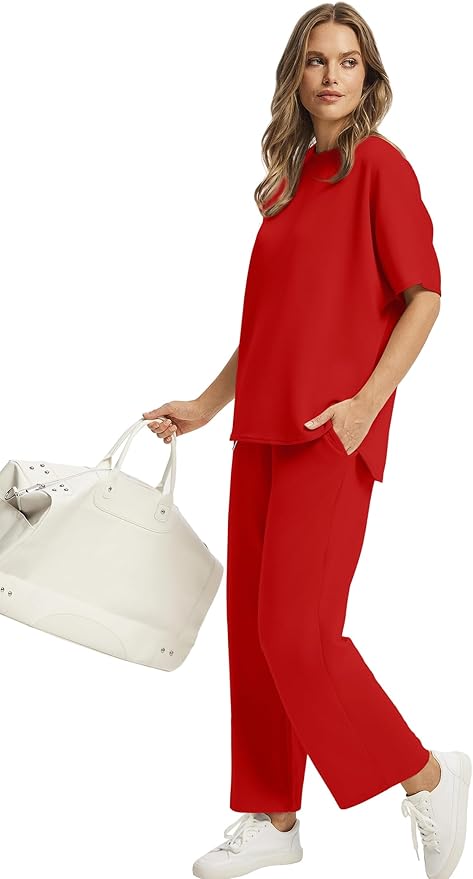 Sampeel Two Piece Sets for Women Summer Outfits Oversized Wide Leg Crop Pants Lounge Sets Airport Beach Vacation Clothes