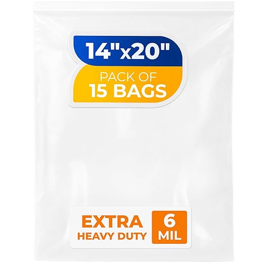 14" x 20" Large Zip Seal Lock Bags, 6 Mil (Pack of 15) – Heavy-Duty Reclosable Plastic Bags – Clear, Resealable, Waterproof – For Storing and Organizing Clothes, Jewelry, and Travel Items
