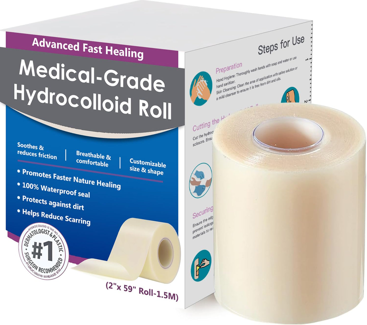 Hydrocolloid Roll for Wound Care, Medical-Grade Hydrocolloid Bandages with Self-Adhesive, Cut-to-Size Patch Bandages, Ultra Absorbent, Waterproof, First Aid Kit Essential (2in*4.8ft)
