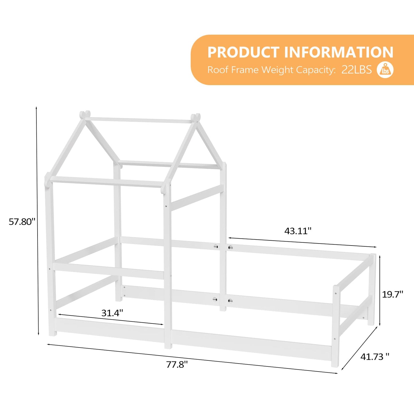 VALUE BOX Twin House Floor Bed Frame with Roof, Wooden Montessori Bed with Safety Fence, Kids Bedroom (White)