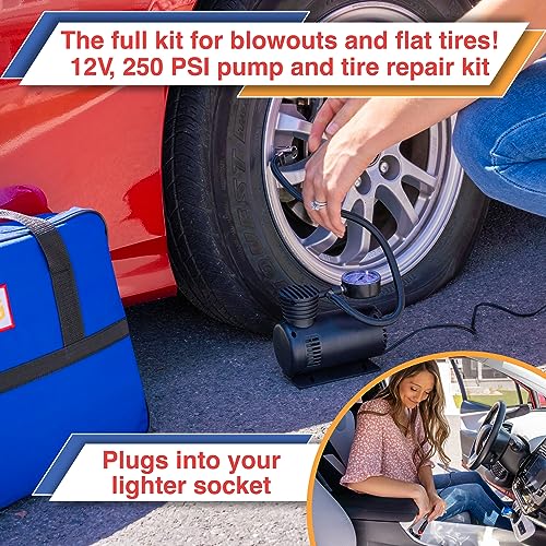Car Emergency Kit with Air Compressor, Jumper Cables, First Aid, Tow Strap, Tire Gauge, Headlamp – Roadside Safety Kit for...