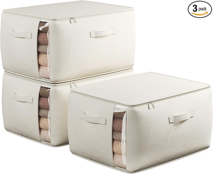 Large Canvas Clothes Storage Bags with Thick Handles and Clear Window, Foldable Cotton Linen Underbed Closet Organizer for Clothing, Blankets and Bedding, 60L, 3 Pack, Beige
