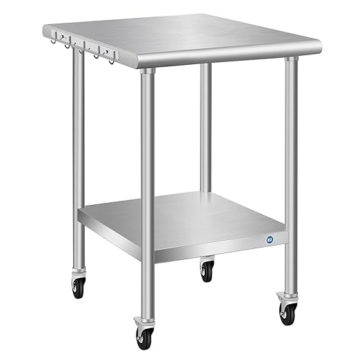 PIUMACU Stainless Steel Table with Wheels, 24 x 24 Inch Stainless Table for Prep & Work, Commercial NSF Steel Metal Table for Restaurant Kitchen Hotel Garage