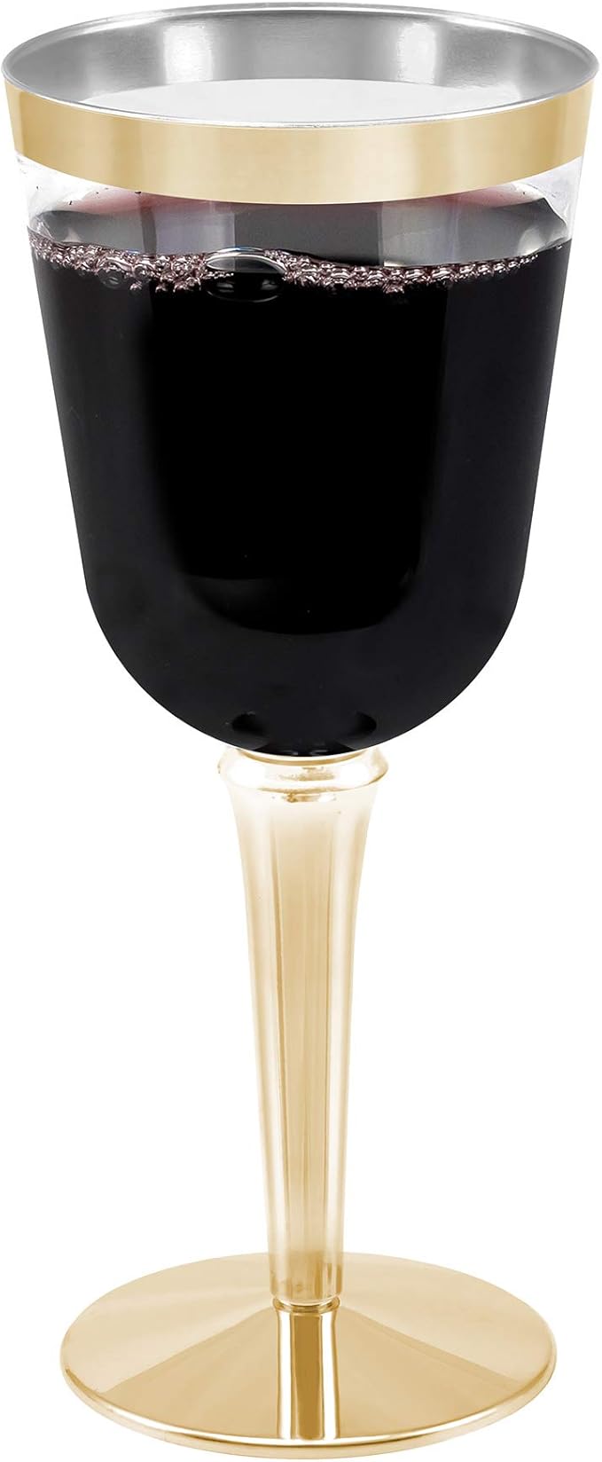 BloominGoods Disposable Wine Glasses With Stem, 10 Oz. Gold Rim Plastic Wine Glasses For Parties, Weddings, Large Clear Wi...