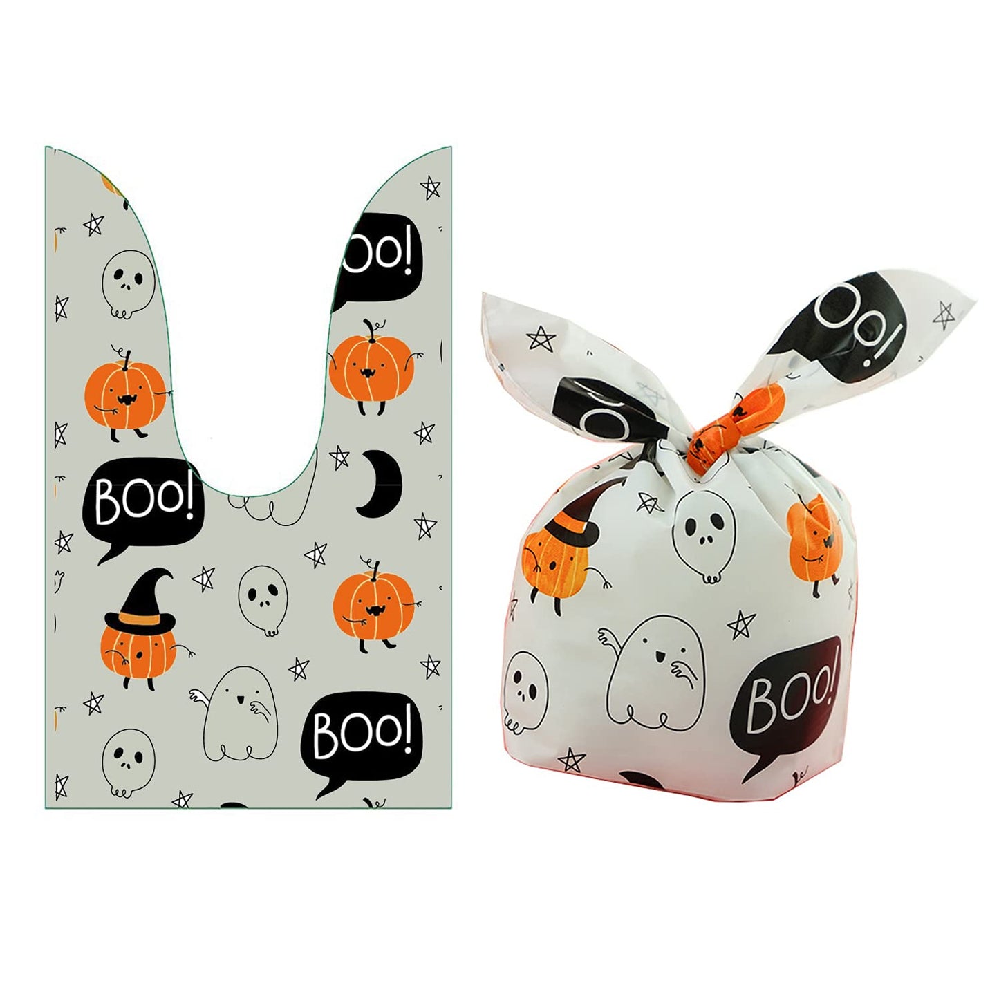 BPNHNA 50Pcs Halloween Goodie Bags Pumpkin Ghost Treat Candy Bags Ear Tie Cookies Bags Gift Bags for Party Favor(White)