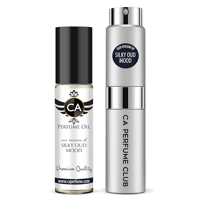 CA Perfume Duo Impression of Silky Oud Mood For Women And Men Perfume Layering Set Long Lasting Travel Size EDP + Body Oil Roll-On Bottle 0.27 Fl Oz+0.33 Fl Oz