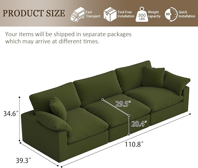 Forest aesthetics Modular Cloud Sofa,Convertible 3-Seater Set,Extra Deep Seat Down Filled Seat,Washable & Replaceable Cushion Covers for Living Room,Apartment,Green