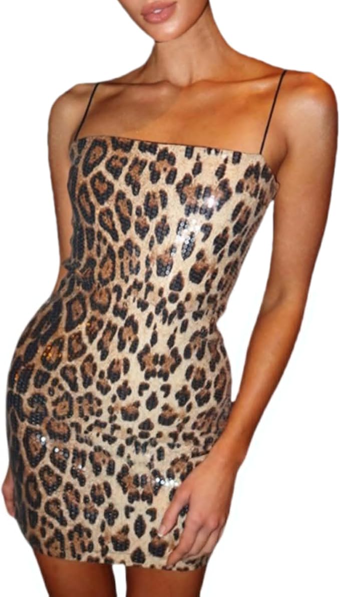 Women's Glitter Sequin Leopard Print Mini Dress Sexy Sleeveless Spaghetti Strap Bodycon Short Dress Party Club Dress
