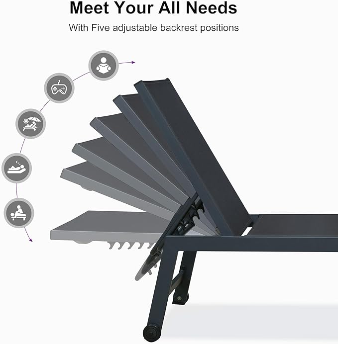 PURPLE LEAF Outdoor Chaise Lounge Set for 2 Oversized Pool Lounge Chairs with Easy-to-Move Wheels and Adjustable Backrest Extra Large Patio Loungers for Poolside Deck Beach Table Included, Dark Grey