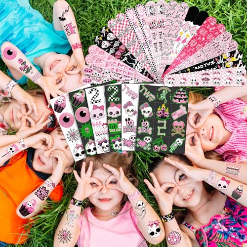 96 PCS Bad Two the Bone Party Favors Set – 72 Pre-Cut Temporary Tattoos & 24 Rock-Inspired Slap Bracelets for Kids, Perfec...