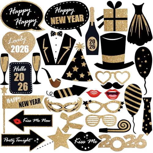 KatchOn, Glitter New Years Photo Booth Props 2026 - Pack of 32 | New Years Eve Photo Booth Props for Happy New Years Decor...
