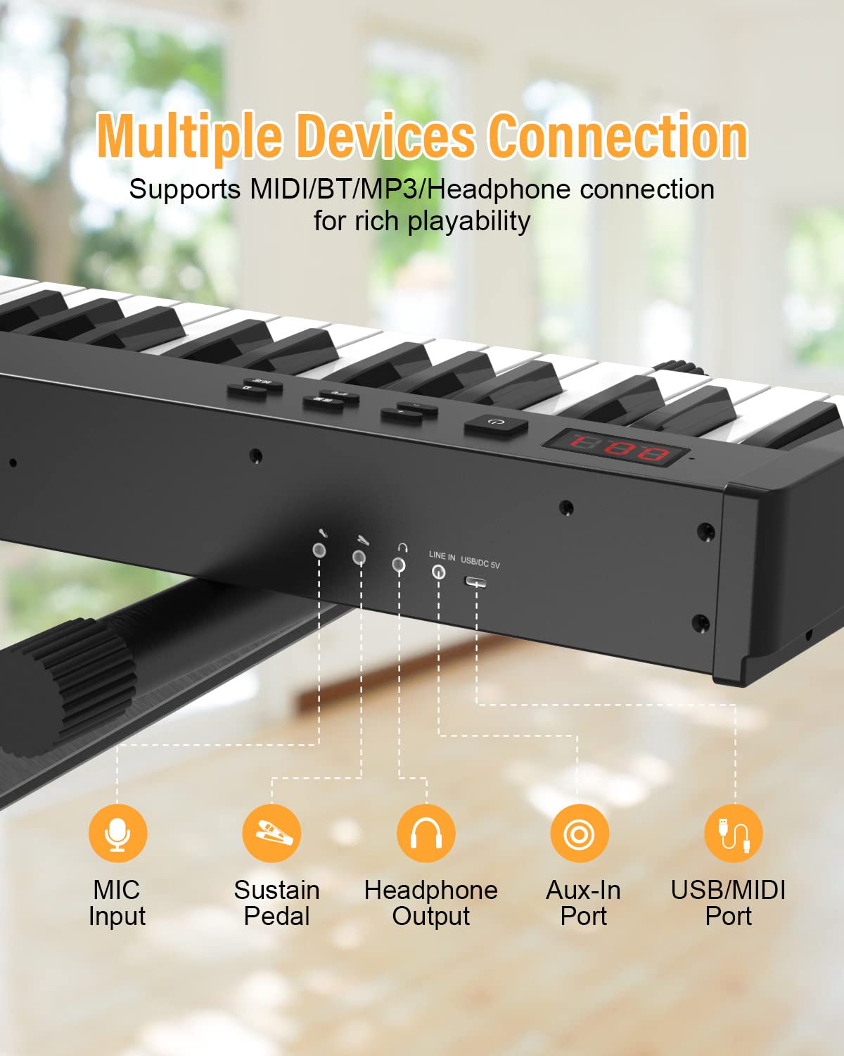 KONIX 88 Key Semi Weighted Keyboard Piano, Full Size Digital Piano with Double X Stand, Portable Keyboard Piano for Beginner Include Sustain Pedal, Power Supply and Piano Bag - Black
