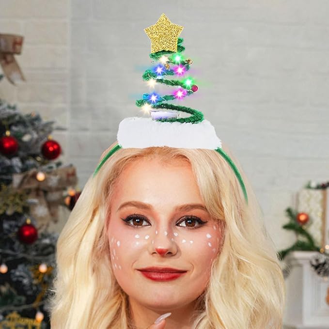 Aiosy Christmas Tree Headband with Bells Springy Santa Hat Headbands Led Xmas Star Headpiece Party Accessories