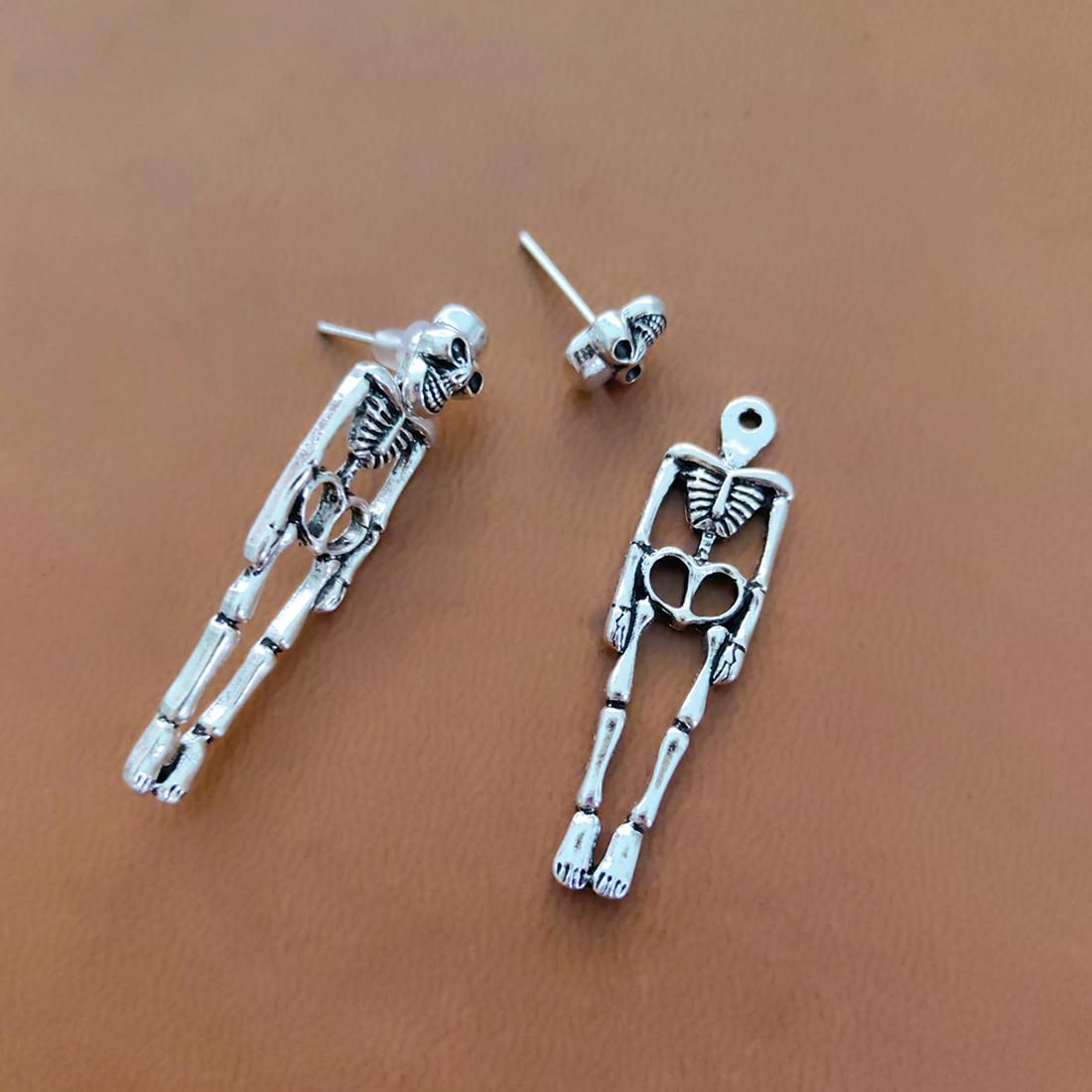 Gothic Skull Earrings Punk Skeleton Groom Bride Front Back Stud Earrings Halloween for Women Girl (Silver)