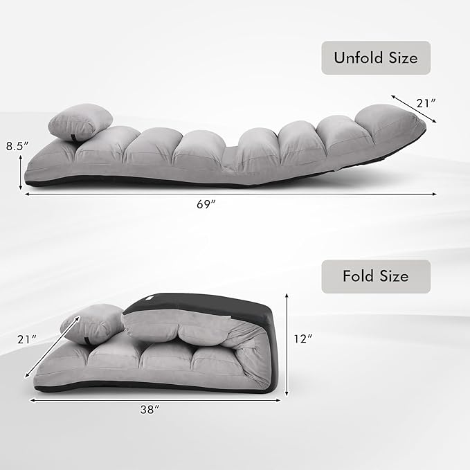 KOMFOTT Foldable Floor Lazy Sofa with Pillow, Indoor Chaise Lounger with 5 Adjustable Positions, Adjustable Back Support & Footrest, Video Gaming Chair for Home, Office, Reading, Watching (Grey)