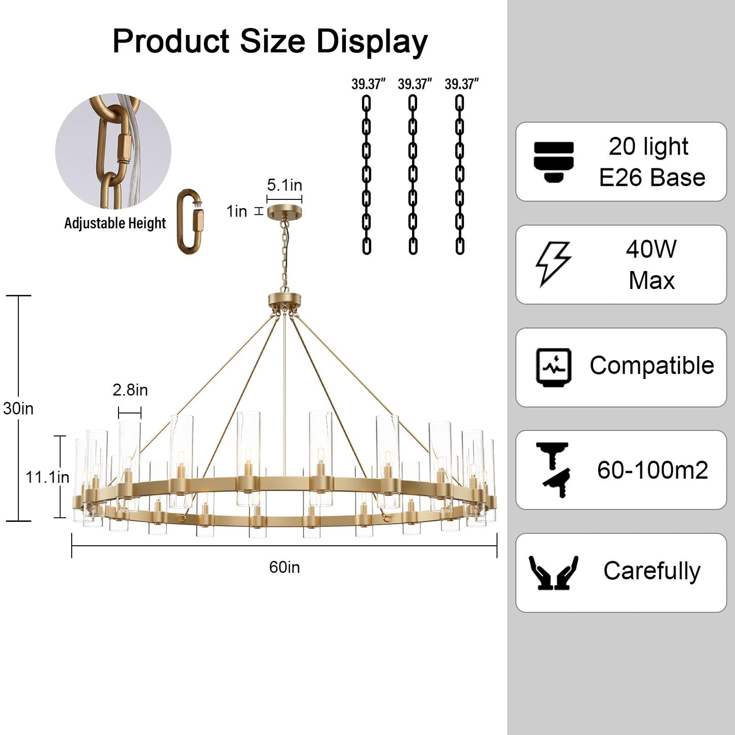 YIOSI 60 Inch Gold Chandelier, Wagon Wheel Chandelier with Glass Shade, 20-Lights Large Round Modern Farmhouse High Ceiling Pendant Lighting Fixture for Dining Room, Living Room, Kitchen, Foyer
