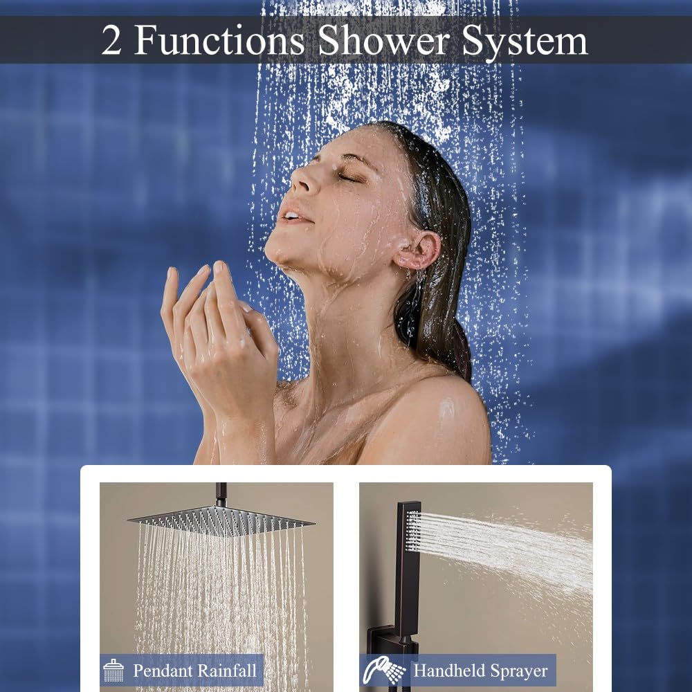 YCAIKOI 12 Inch Oil Rubbed Bronze Ceiling Mount Shower System Bathroom Luxury Rain Mixer Shower Combo Set Ceiling Rainfall Shower Head System Faucet Contain Rough-in Valve and Trim Included
